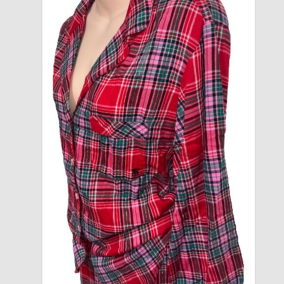 Victoria's Secret Red Pink Green Plaid Gold Thread Pajama SET Size M Lounge EUC - Picture 5 of 10